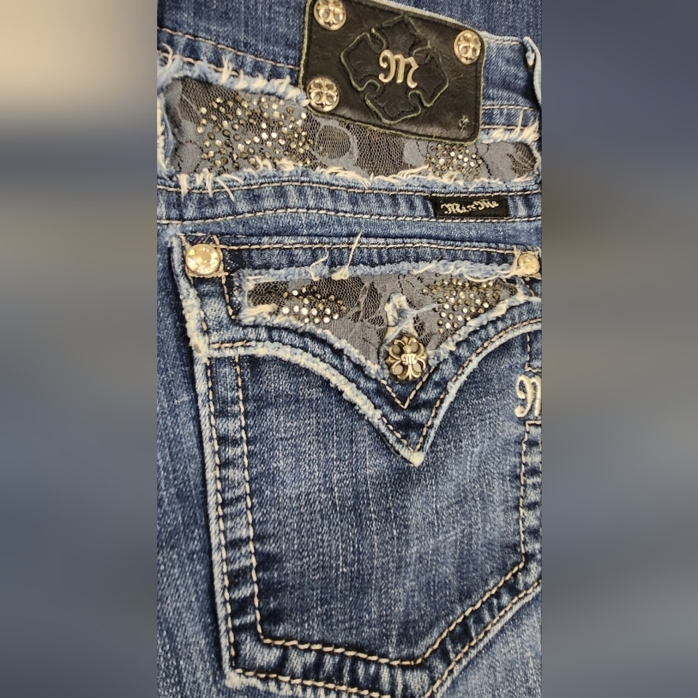 Miss Me Medium Wash Boot Cut Denim Jeans Black lace And Jewel Embellishments - Picture 7 of 13